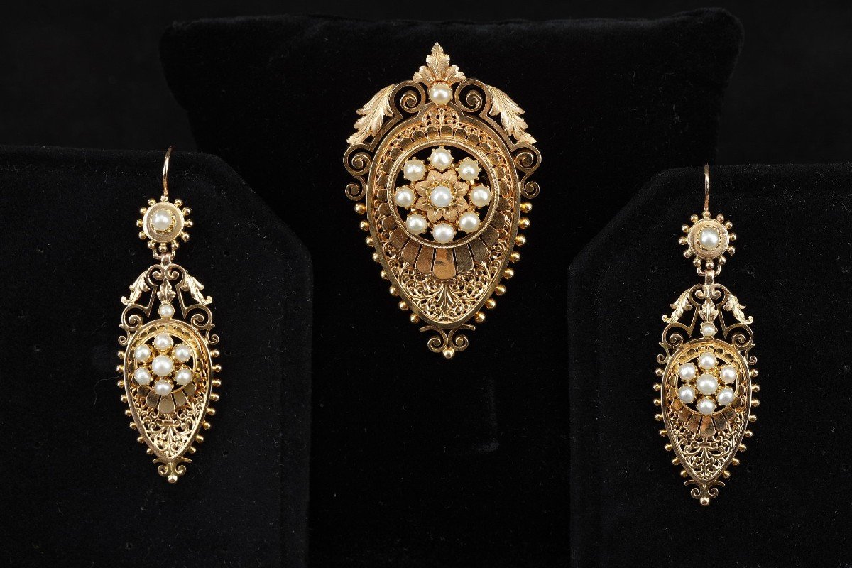 Parure Boucle d'Oreilles Et Broche Or Et Perle d'époque Napoléon 3