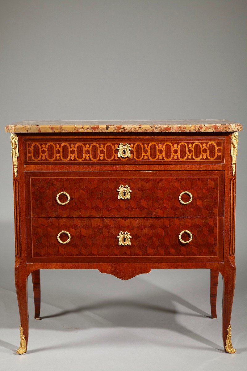 Commode De Style Transition En Marqueterie De Bois Et Bronze Doré-photo-2