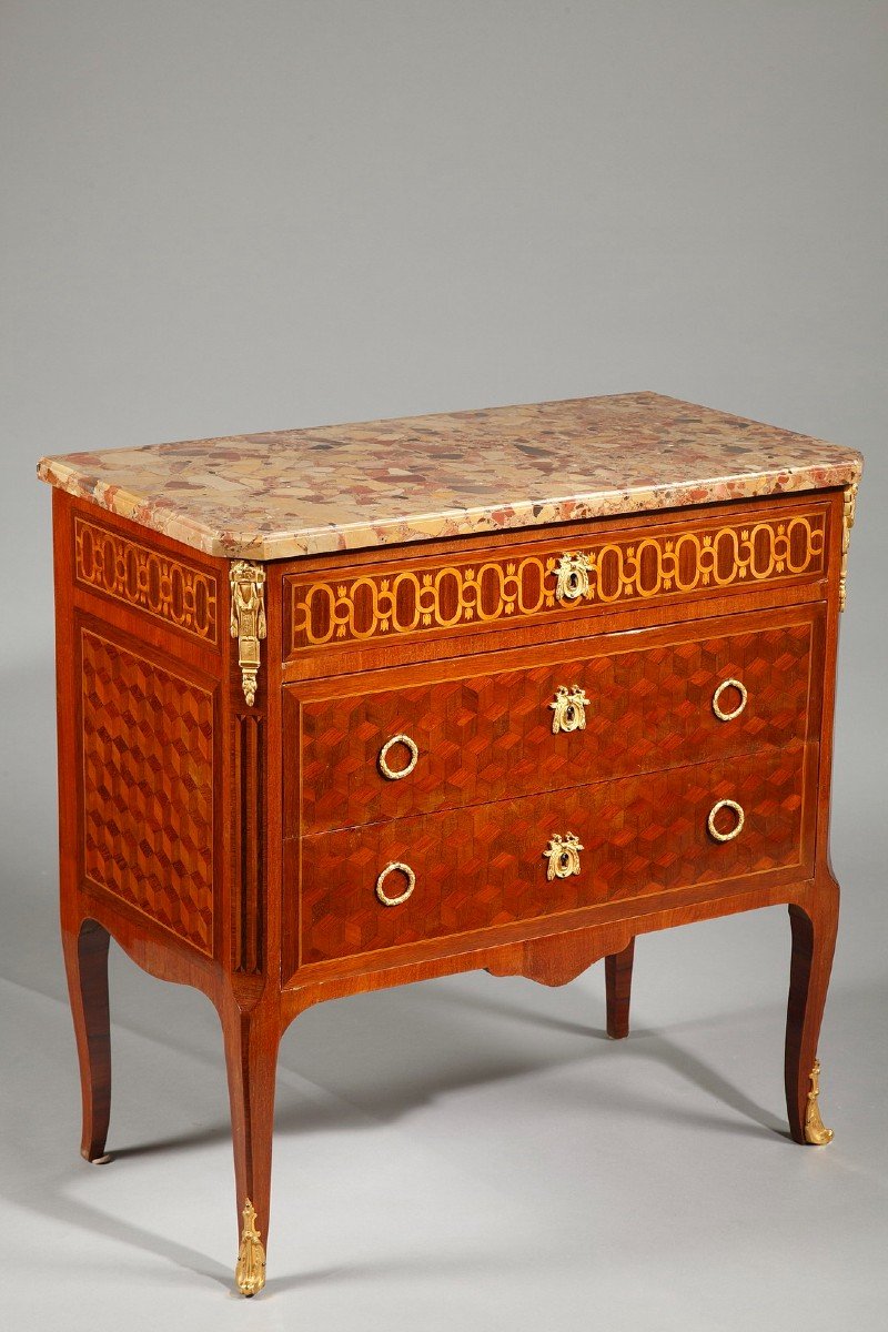 Commode De Style Transition En Marqueterie De Bois Et Bronze Doré-photo-3