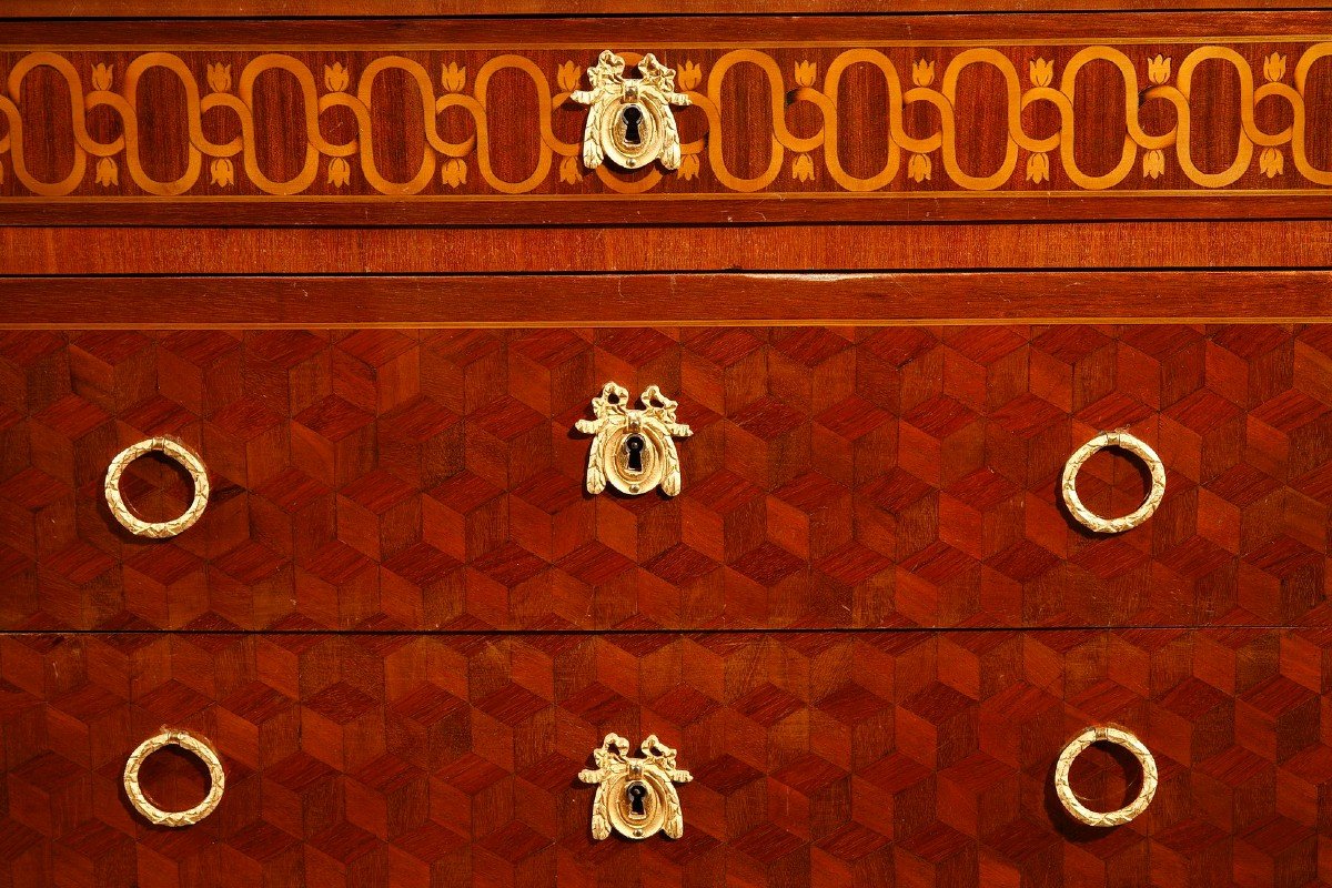 Commode De Style Transition En Marqueterie De Bois Et Bronze Doré-photo-6