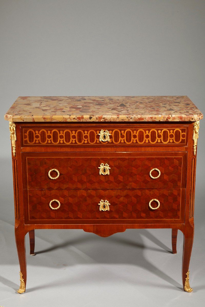 Commode De Style Transition En Marqueterie De Bois Et Bronze Doré