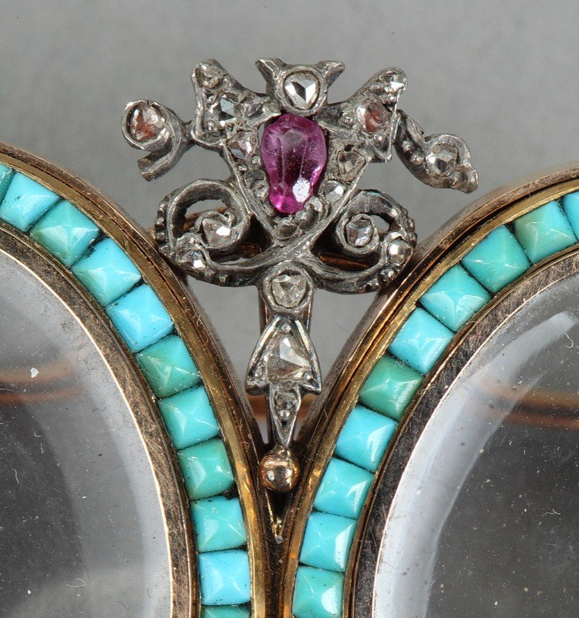 Gold, Turquoise, Diamond And Ruby Photo Holder Brooch, 19th Century-photo-4