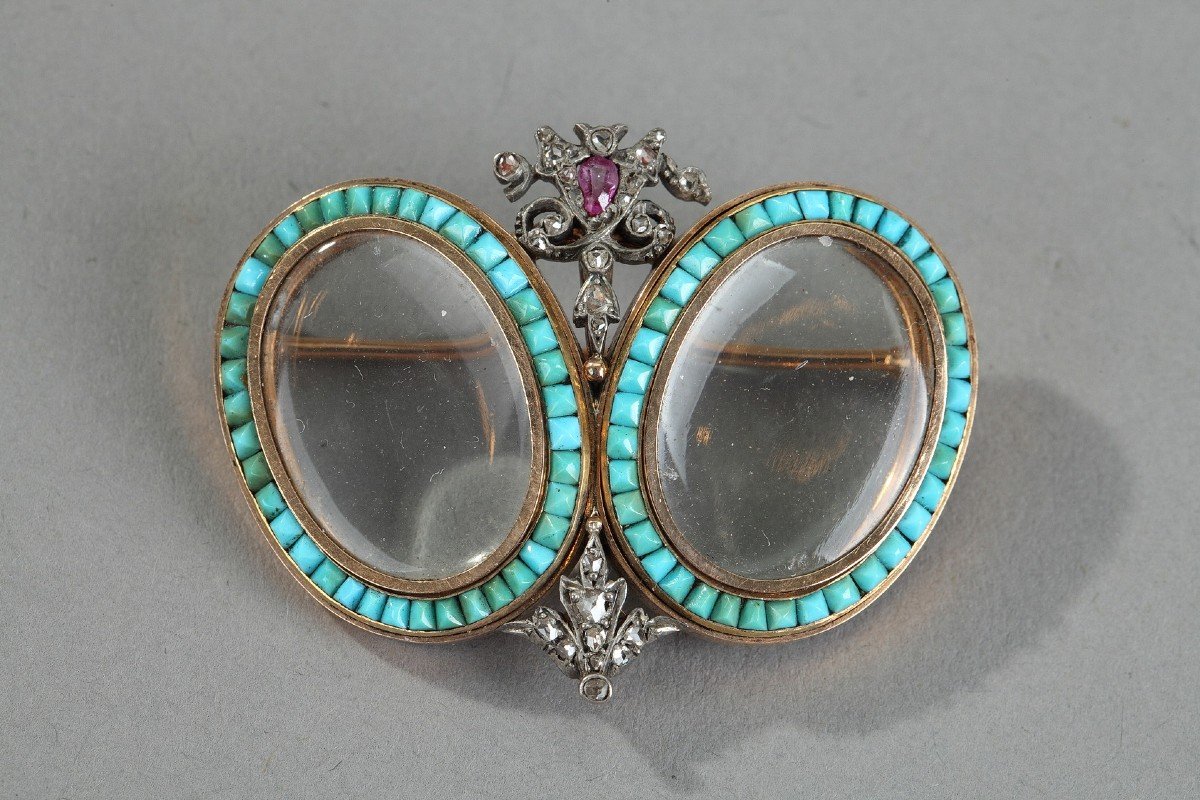 Broche Porte-photo En Or, Turquoises, Diamants Et Rubis, XIXe Siècle