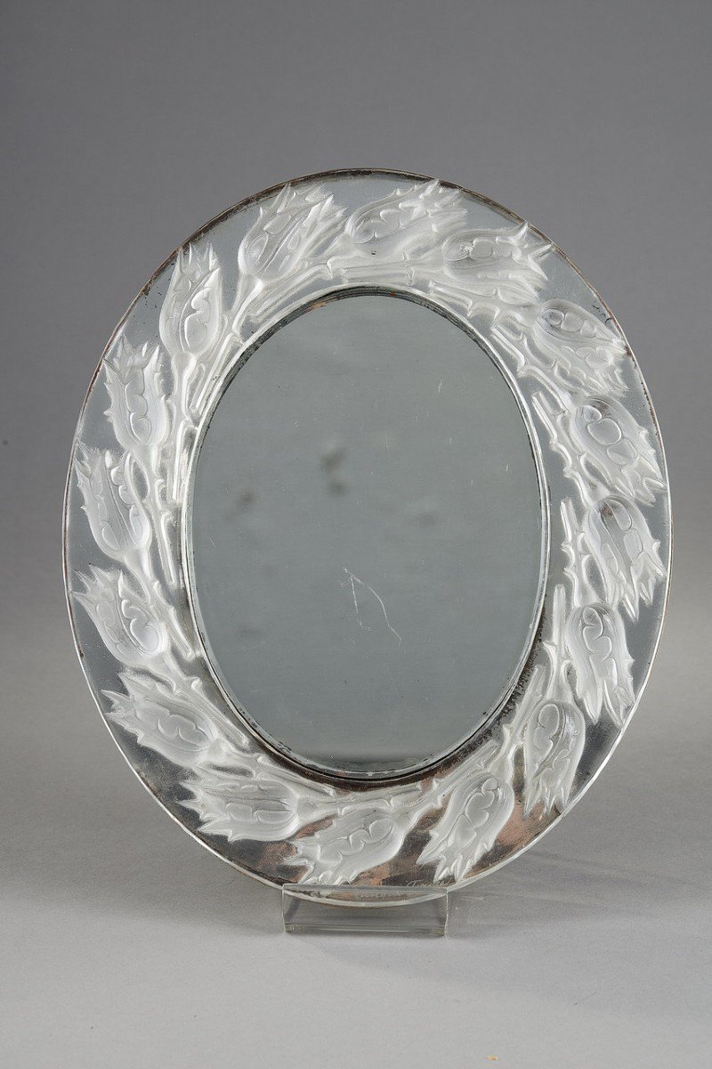 An Oval Mirror With Rose Buds Signed Lalique France