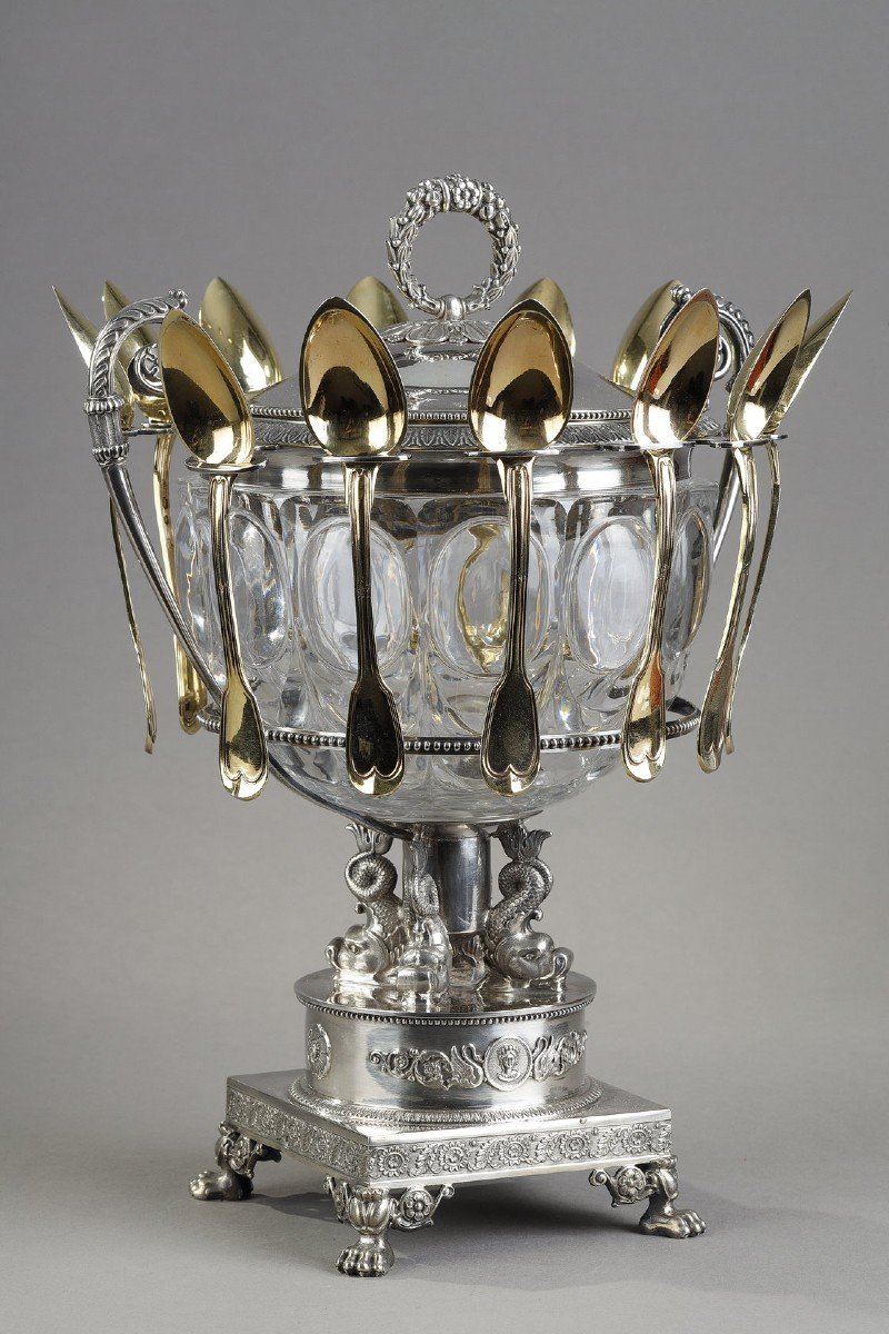 A Crystal Jam Or Sugar Bowl And Agent With Twelve Silver-gilt Spoons-photo-2