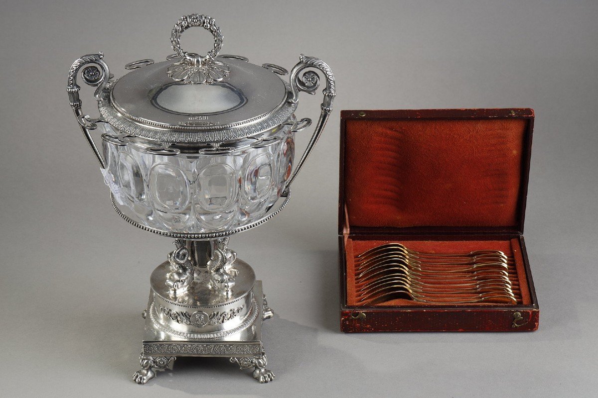 A Crystal Jam Or Sugar Bowl And Agent With Twelve Silver-gilt Spoons