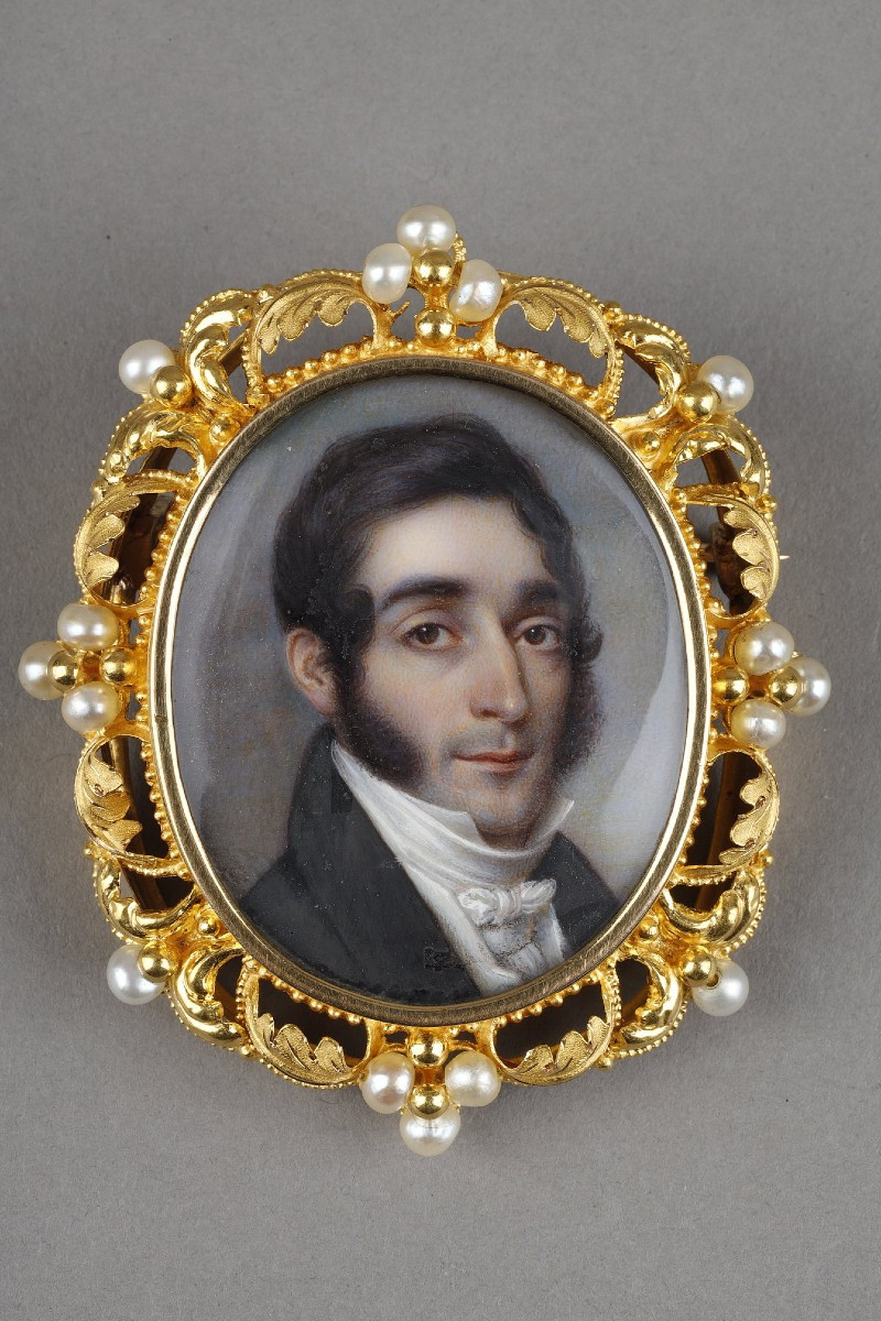 A Miniature Portrait Of A Man In A Gold Frame From The First Half Of The 19th Century