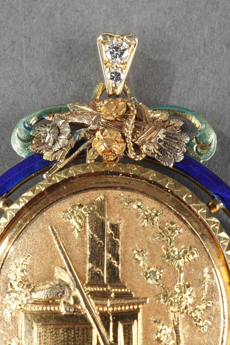 Louis XVI Style Pendant In Gold, Enamel, Diamond. 19th Century. -photo-1