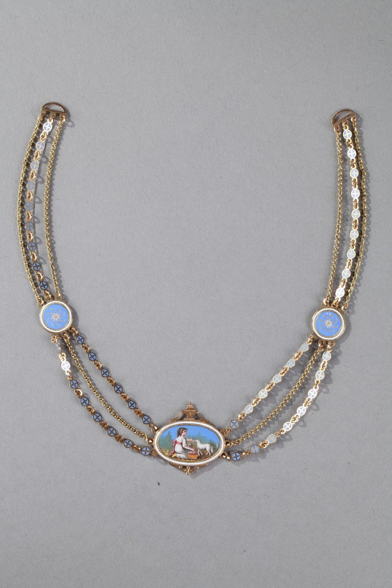 Chain Link Necklace With Gold And Enamel Plates. Early 19th Century -photo-2