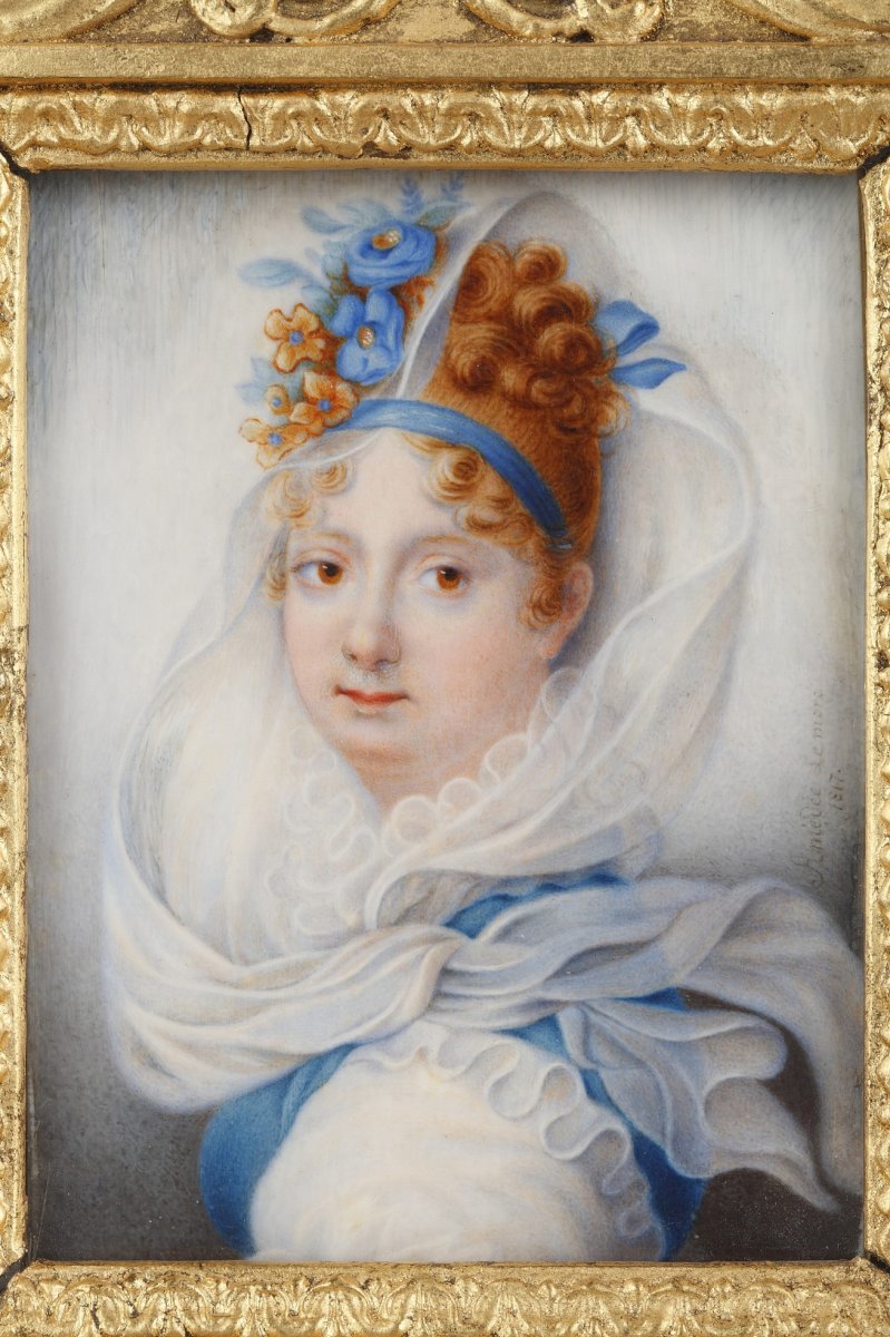 Portrait De Femme. Miniature Sur Ivoire Signée Amedée Lemore 1817. -photo-2