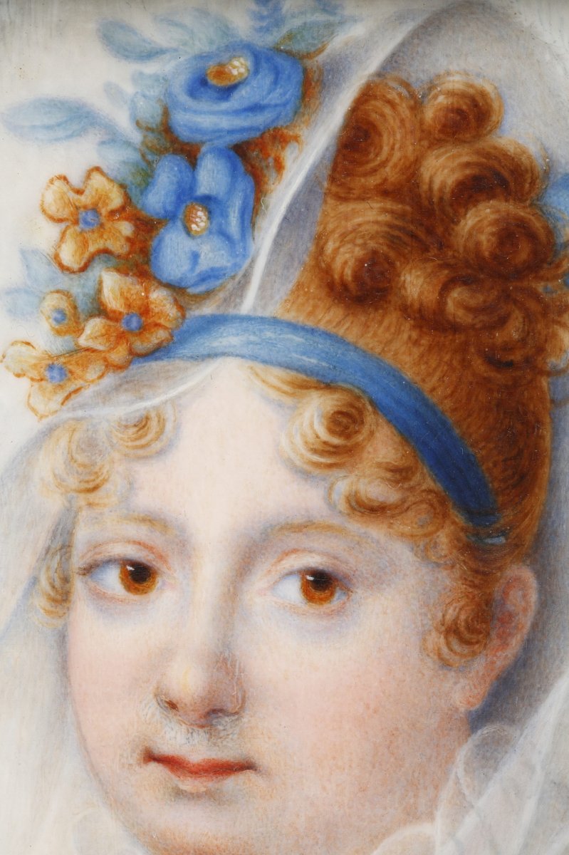 Portrait De Femme. Miniature Sur Ivoire Signée Amedée Lemore 1817. -photo-1