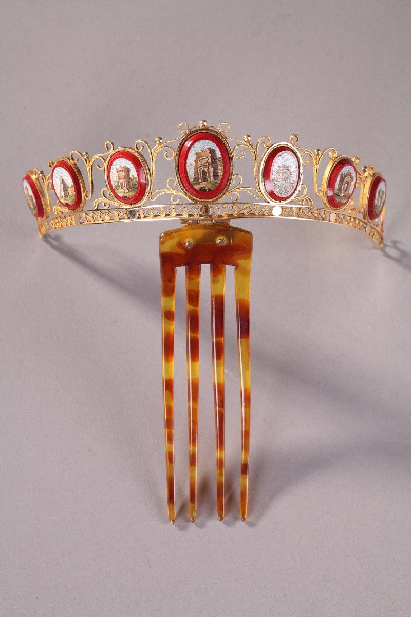 Diadem Comb In Gold With Micromosaic. Empire Period. -photo-2