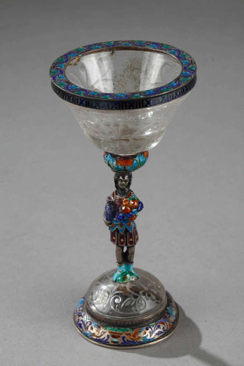 19th Century Austrian Rock Crystal, Silver And Enamel Cup By S.grünwald. -photo-3