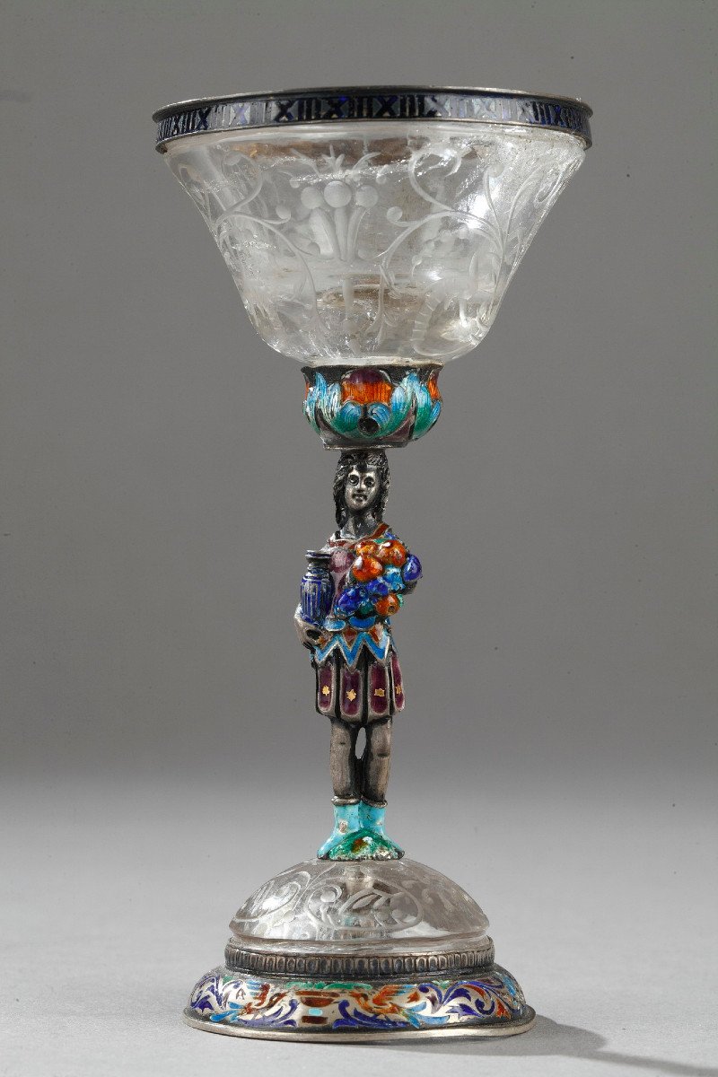 19th Century Austrian Rock Crystal, Silver And Enamel Cup By S.grünwald. 