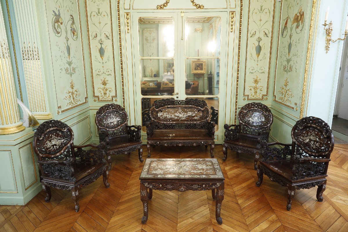 Early 20th Century Indochinese Living Room In Wood And Mother-of-pearl. -photo-2