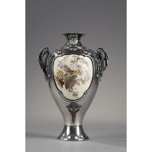 Late 19th-early 20th Century Shibayama Silver Vase. Meiji Period. 