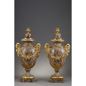 Pair Of Vases In Pink Granite And Gilt Bronze