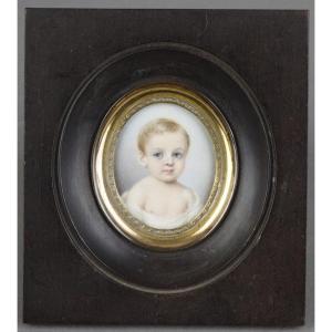 Miniature On Ivory, Portrait Of A Child, Nineteenth Century.