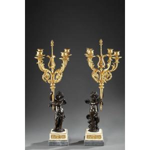 Pair Of Candelabra In Gilt Bronze And Patina. Louis XVI Style. 