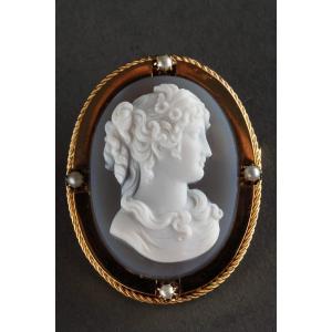 Gold Brooch-pendant, Cameo On Agate, Second Part Of The 19th Century