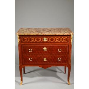 Transition Style Chest Of Drawers In Wood Marquetry And Gilt Bronze