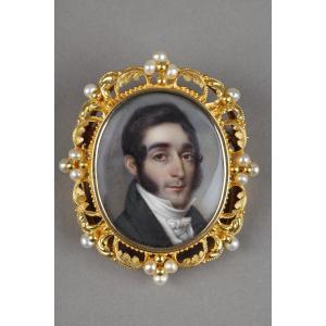 A Miniature Portrait Of A Man In A Gold Frame From The First Half Of The 19th Century