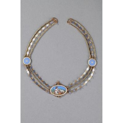 Chain Link Necklace With Gold And Enamel Plates. Early 19th Century 