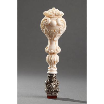 A Dieppe Ivory Desk Seal With Silver And Agate. Mid 19th Century. Restauration. 
