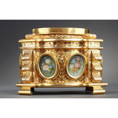 Mid-19th Century Engraved Gilted Bronze Mounted Casket With Miniatures. 
