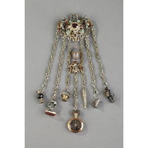 Mid-19th Century Silver And Enamelled Chatelaine With Gold Watch. 
