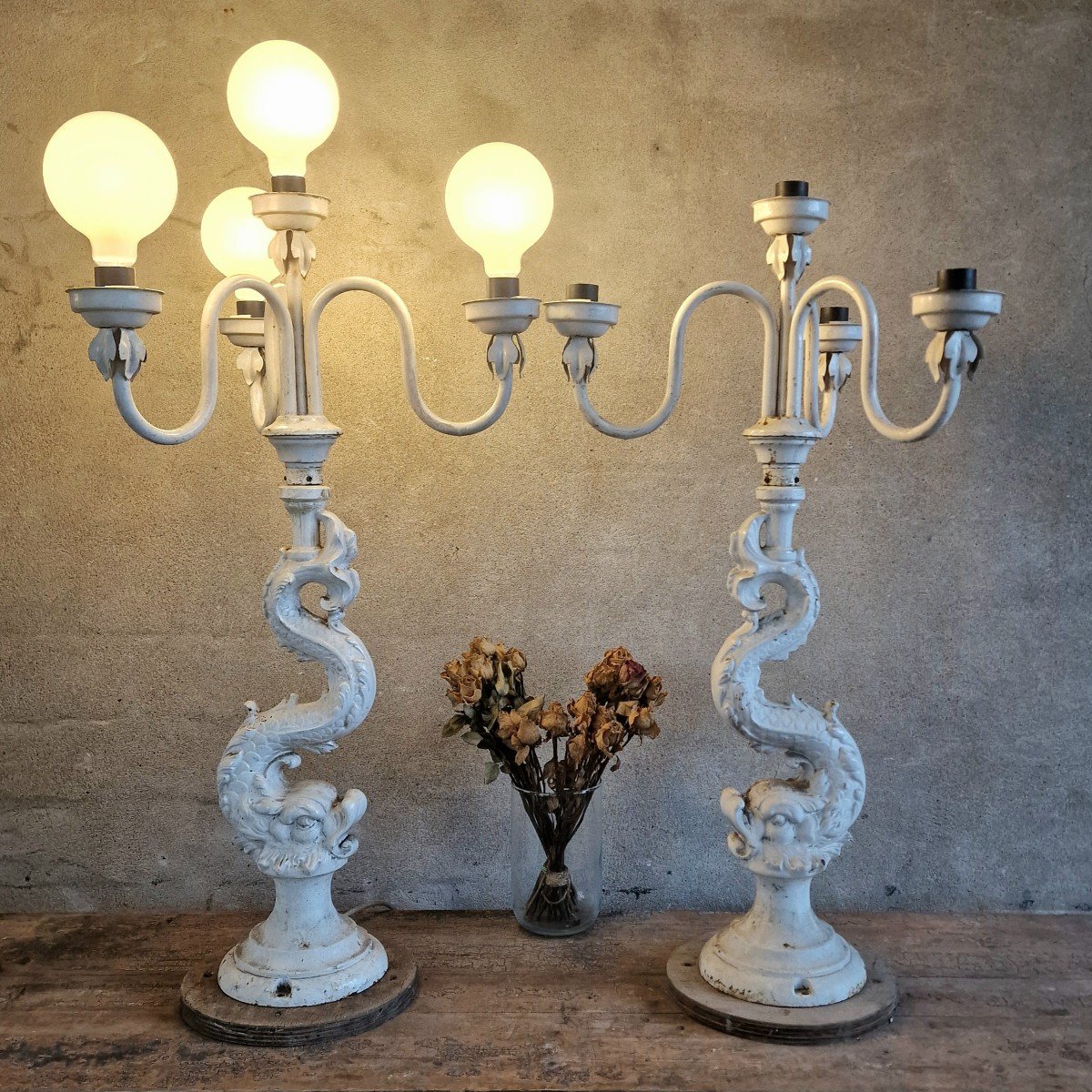 2 Lampes Dauphin En Fonte-photo-1