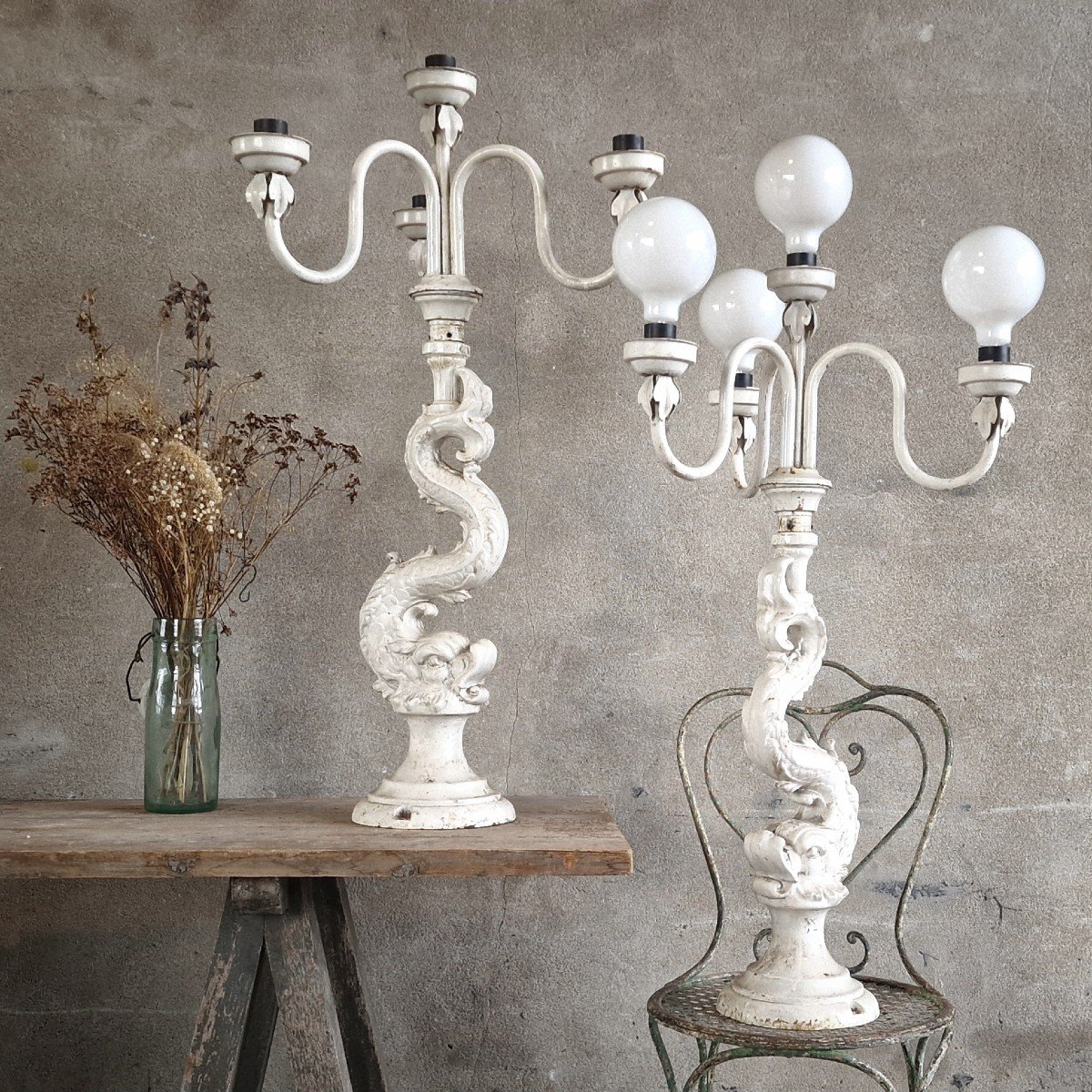 2 Lampes Dauphin En Fonte