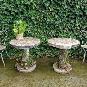 Pair Of Mosaic Tables In Cement