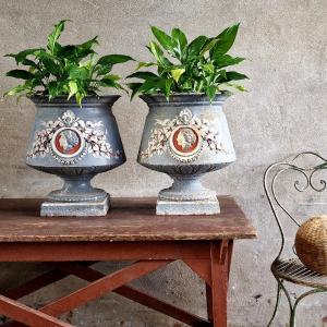 Pair Of Painted Cast Iron Urns From The 19th Century