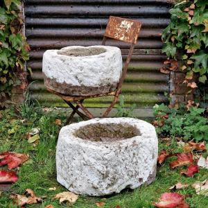 2 Primitive Hand Carved Stone Planters