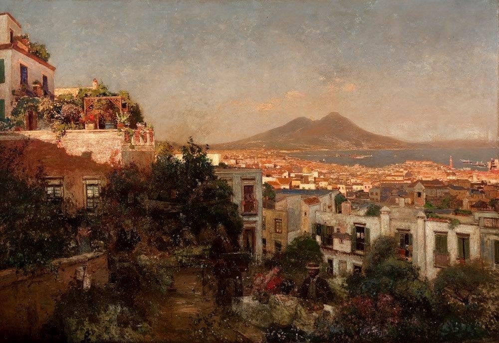 " Heinrich Hermanns " Tableau représentant Vue de Naples, huile sur toile-photo-4