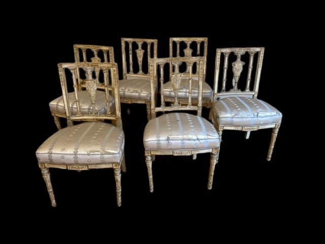 Six Lacquered And Gilded Chairs, Naples, Neoclassical Period-photo-6