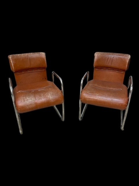 Pair Of Vintage Leather And Steel Armchairs-photo-2