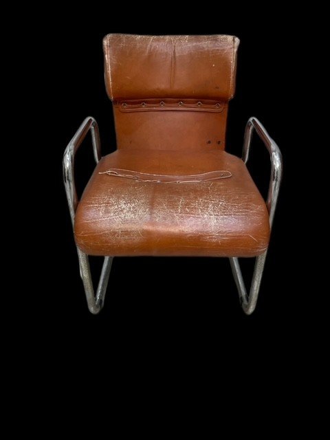 Paire De Fauteuils Vintage En Cuir Et Acier-photo-1