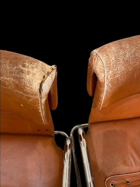 Pair Of Vintage Leather And Steel Armchairs-photo-5