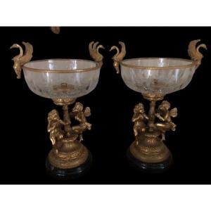 Paire de coupes en bronze et cristal