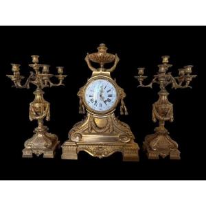 "garniture" Composed Of Clock With Candelabras In Giltbronze