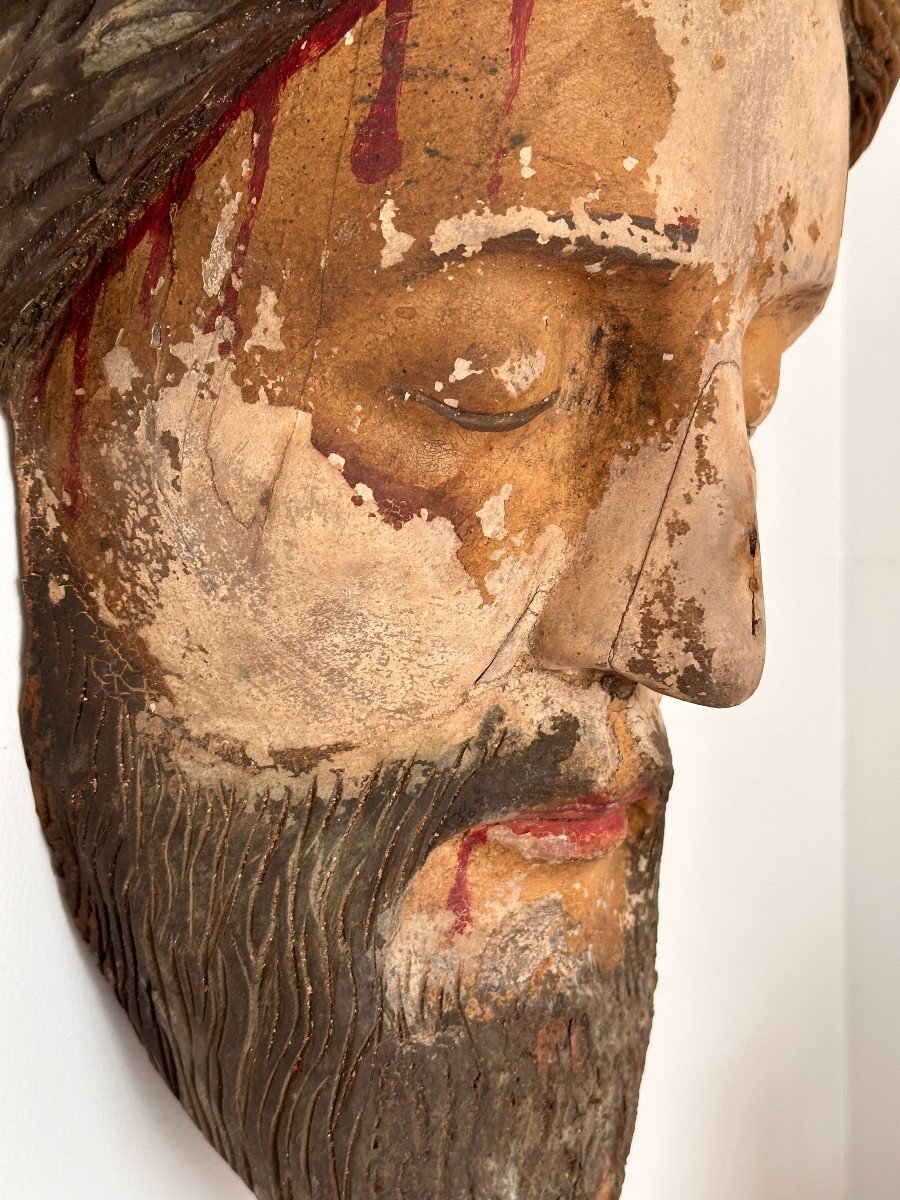 Grande tête de Christ en bois sculpté polychrome - Vietnam-photo-2