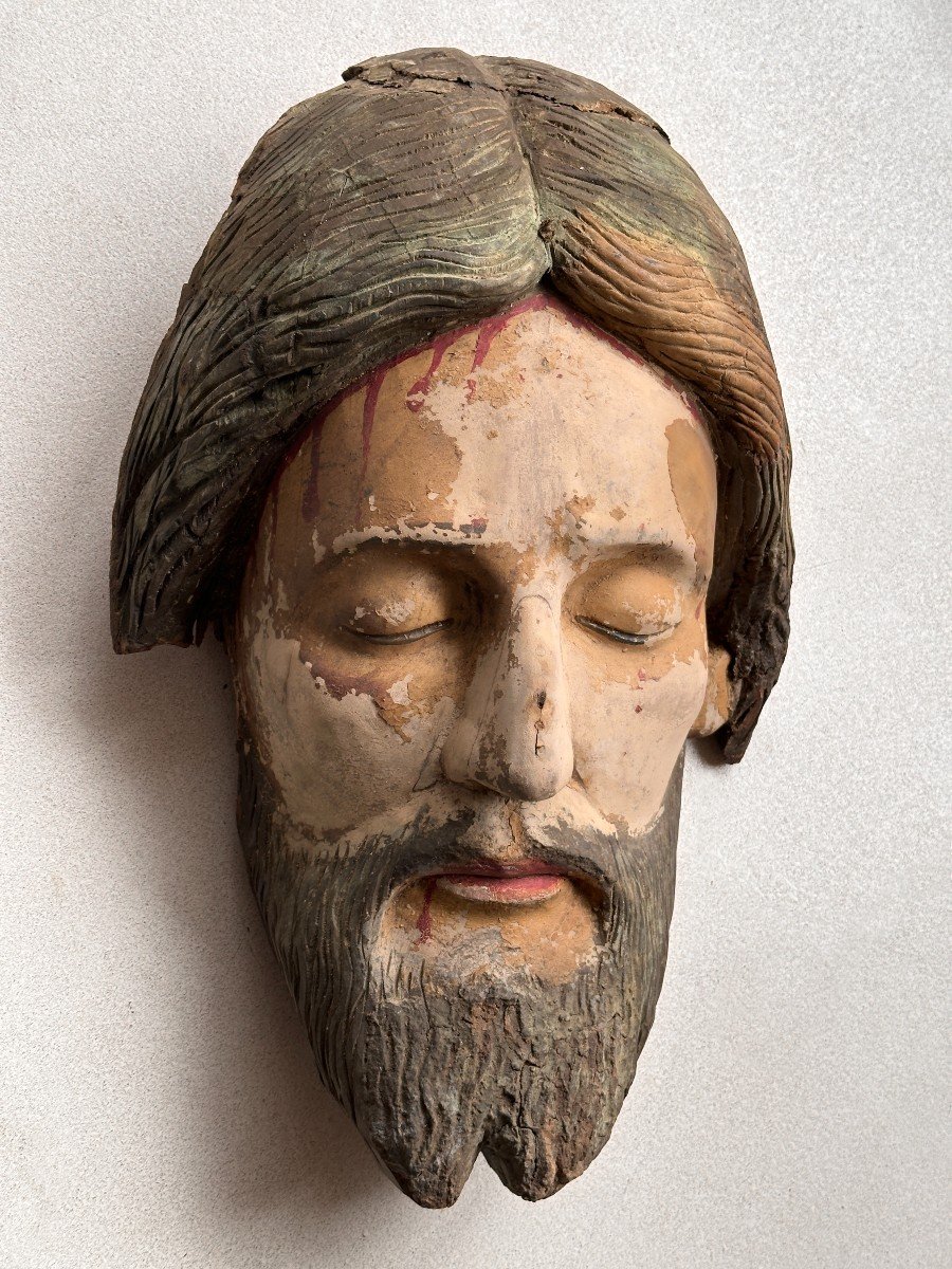 Grande tête de Christ en bois sculpté polychrome - Vietnam-photo-4