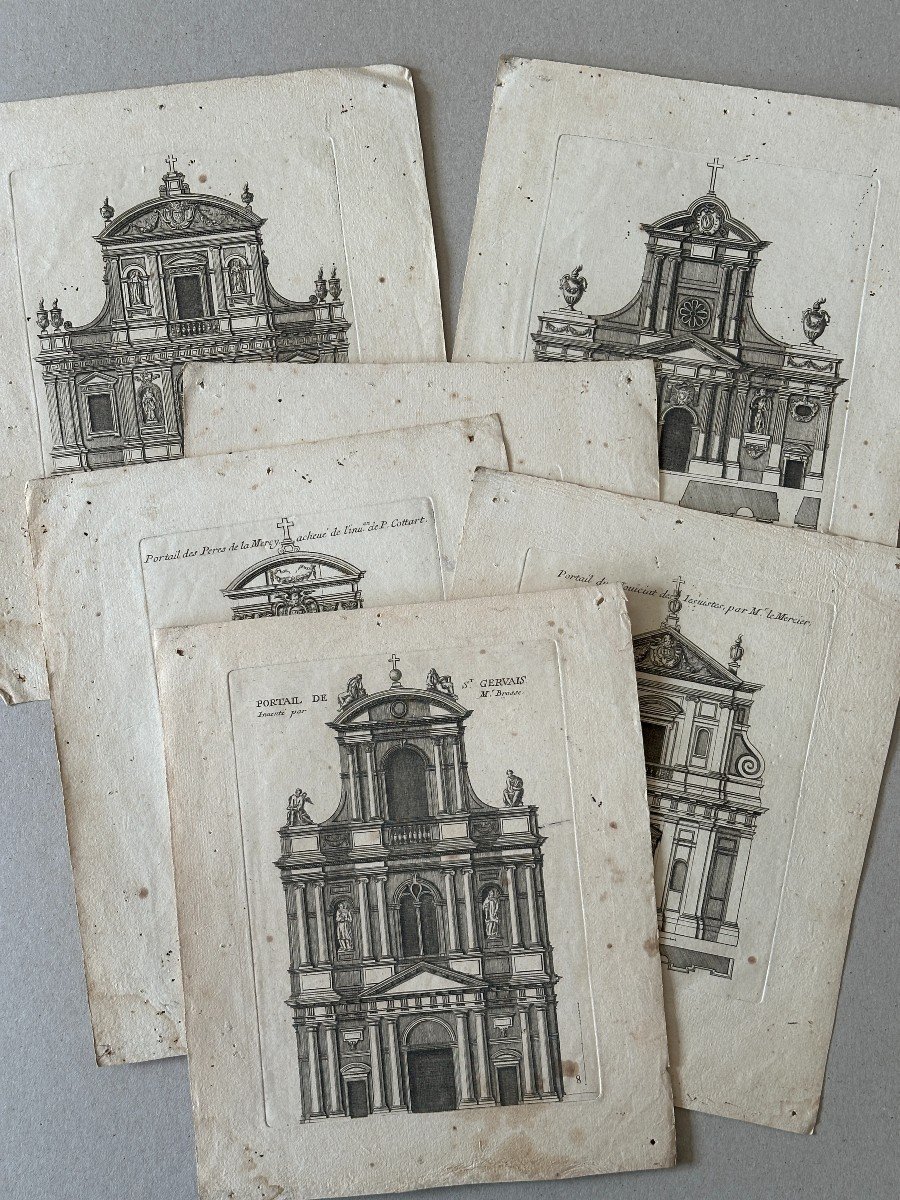 Set Of 8 Engravings Representing Various Church Portals.-photo-6