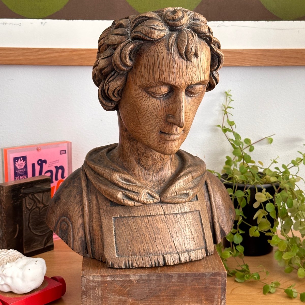 Bust Of An Ecclesiastic - Oak Sculpture - In The Style Of Reliquaries