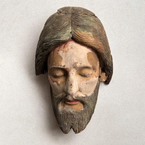 Grande tête de Christ en bois sculpté polychrome - Vietnam