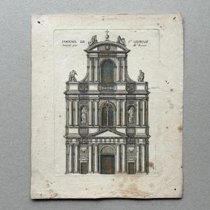 Set Of 8 Engravings Representing Various Church Portals.