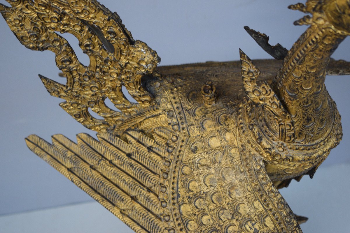 Thailande Important Oiseau Mythique En Bronze Doré-photo-3