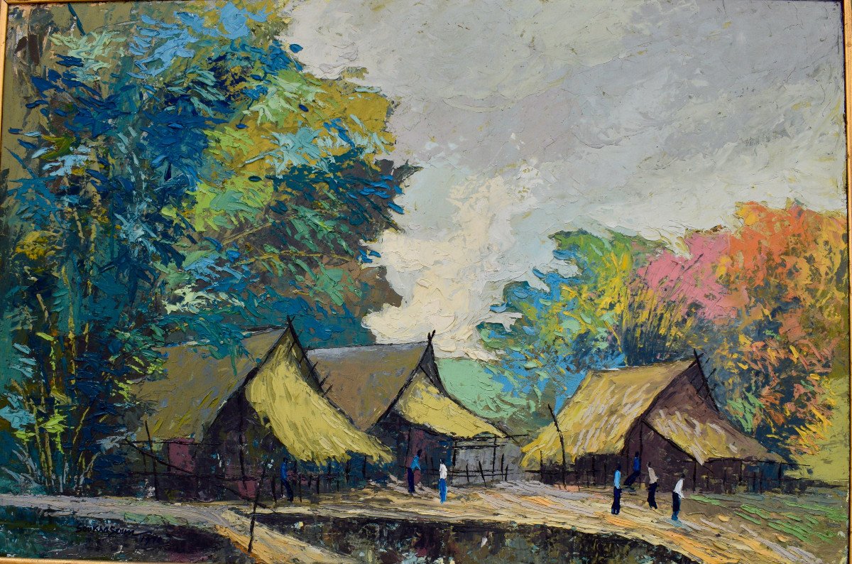 Painting View Of Laos Signed Soukhaseum Dated 1910-photo-1